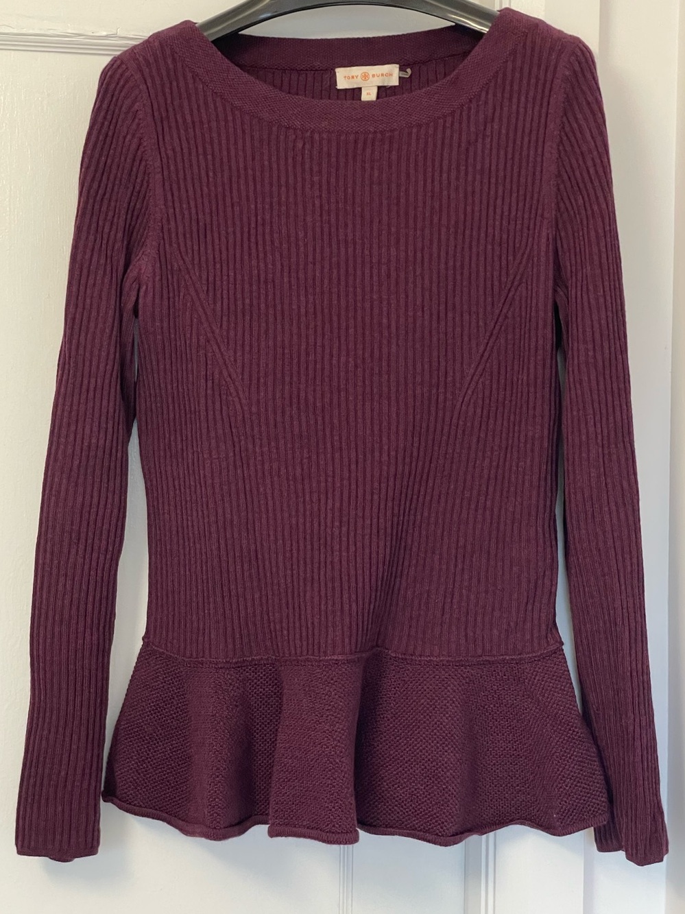 Tory Burch Plum Ribbed Peplum Sweater